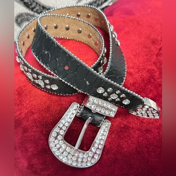 Womens belt 24-26 black rockabilly bling studs  rhinestones western cowgirl 3490 - Picture 9 of 15